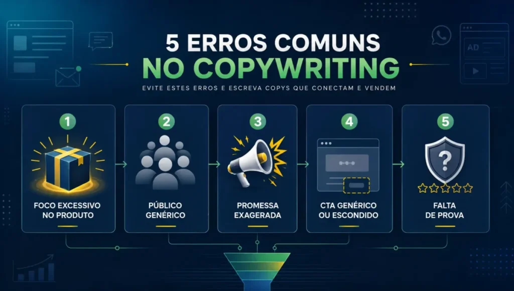 Primeiros erros comuns no copywriting como foco no produto, promessa exagerada e falta de prova