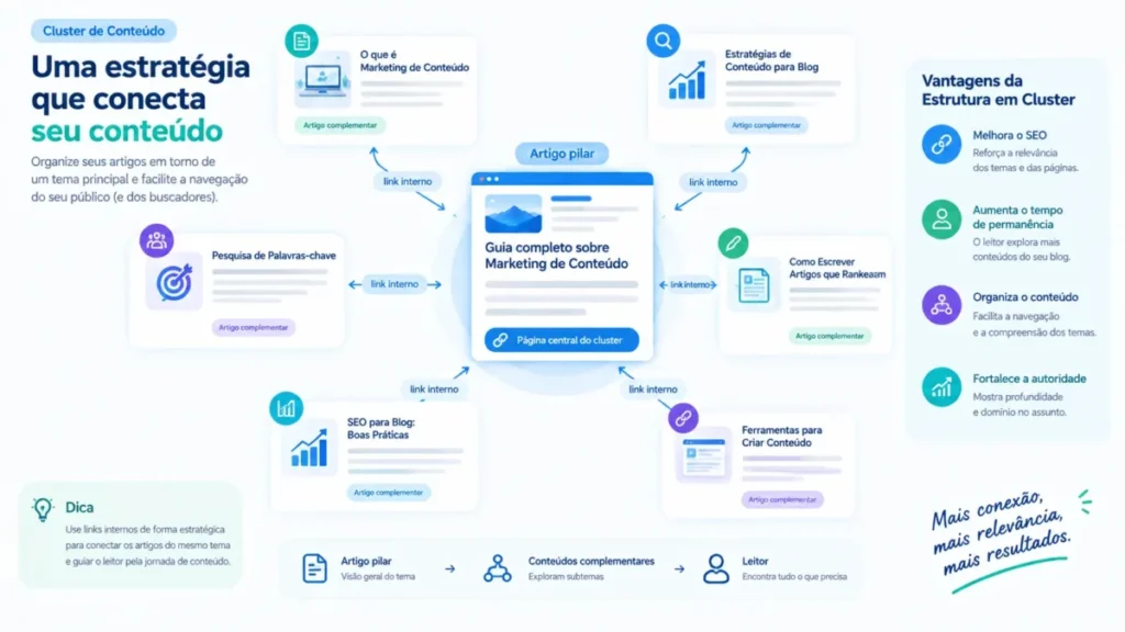 Diagrama de cluster de conteúdo com página pilar e links internos