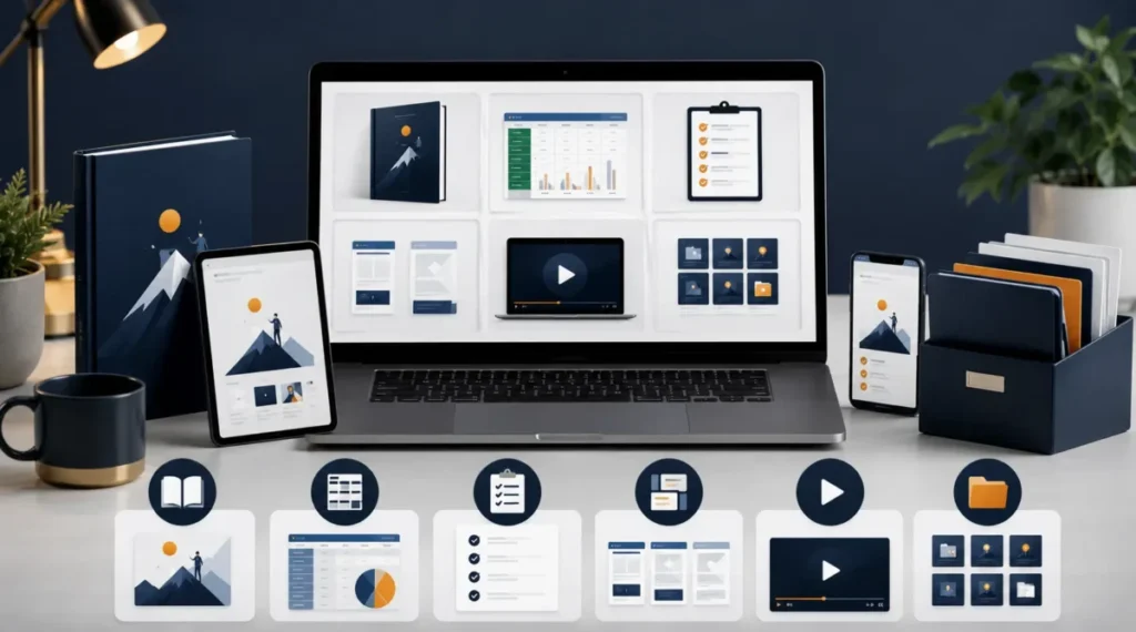 Exemplos de produtos low ticket digitais como ebooks, planilhas e templates
