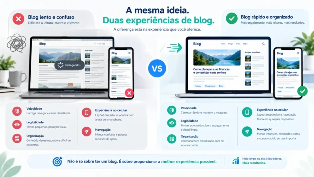 Comparação entre site lento e site rápido adaptado para mobile