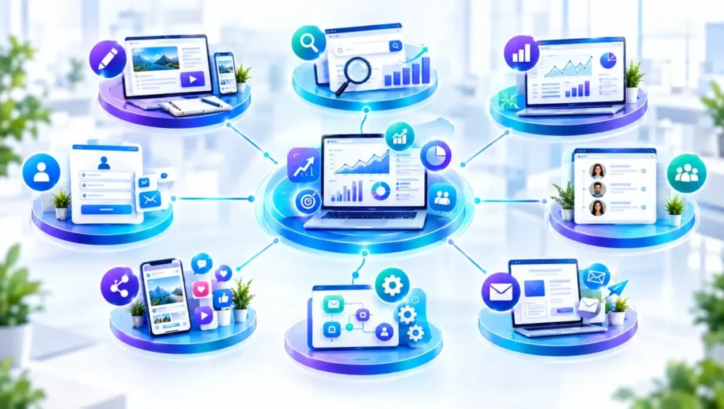 Ecossistema de ferramentas para conteúdo, SEO, Analytics, CRM, e-mail e automação de marketing