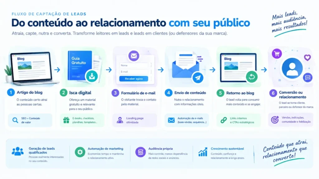Fluxo mostrando artigo, isca digital, e-mail e retorno ao blog