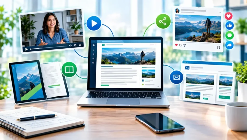 Diferentes formatos de conteúdo digital como artigos, vídeos, e-books e redes sociais