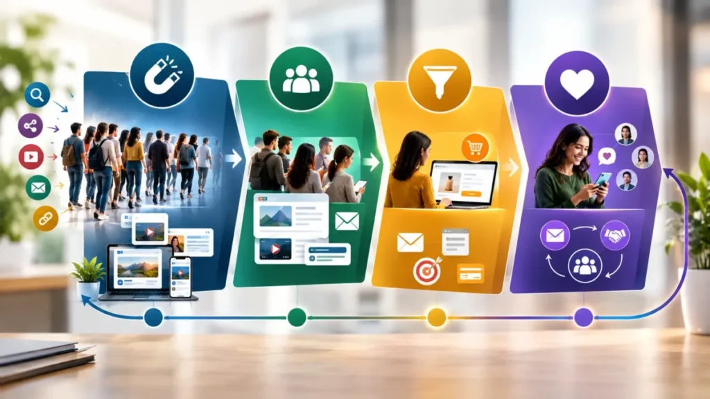 Etapas de um funil de marketing digital da atração à retenção