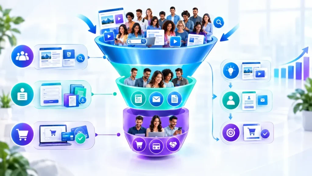 Funil de vendas mostrando a evolução de visitantes para leads, oportunidades e clientes