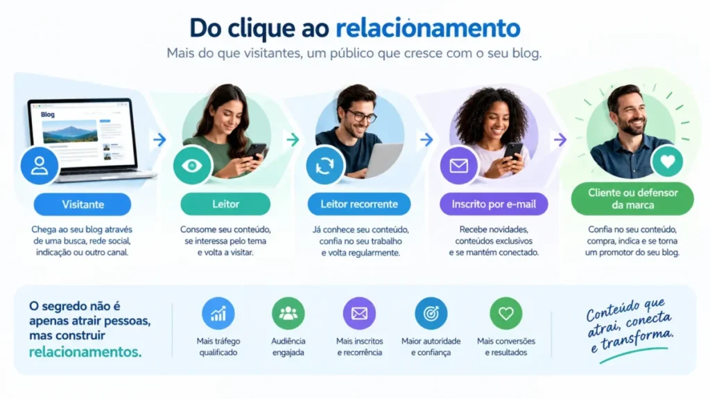 Funil mostrando a evolução de visitante para leitor recorrente e cliente
