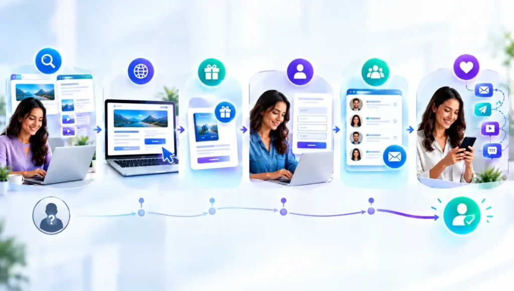 Processo de geração de leads através de conteúdo, material gratuito, landing page e relacionamento