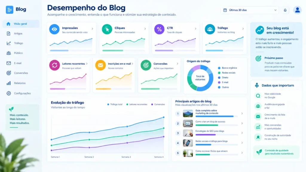 Painel com métricas importantes para acompanhar o crescimento de um blog