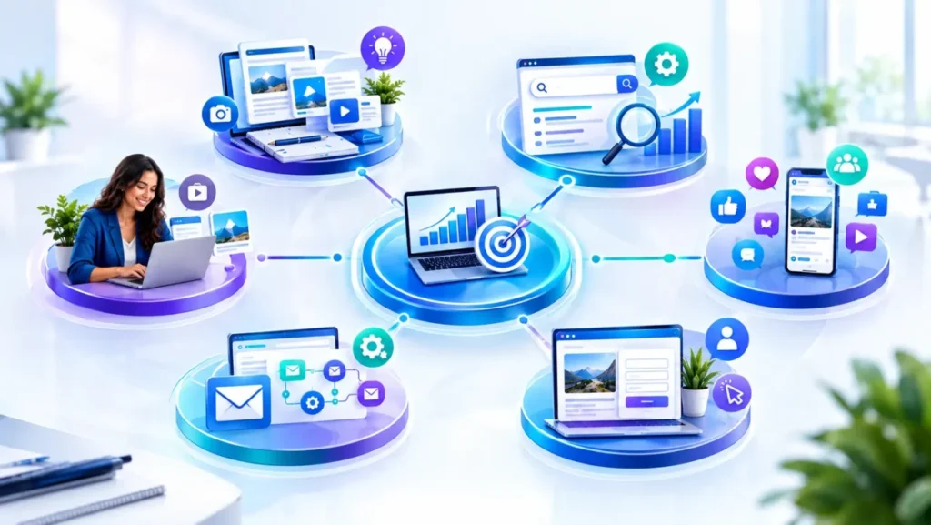 Pilares de uma estratégia digital envolvendo conteúdo, SEO, redes sociais, páginas de conversão, e-mail e automação