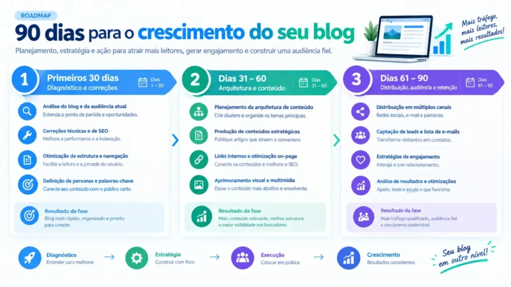 Linha do tempo de 90 dias para crescer um blog com diagnóstico, conteúdo e audiência