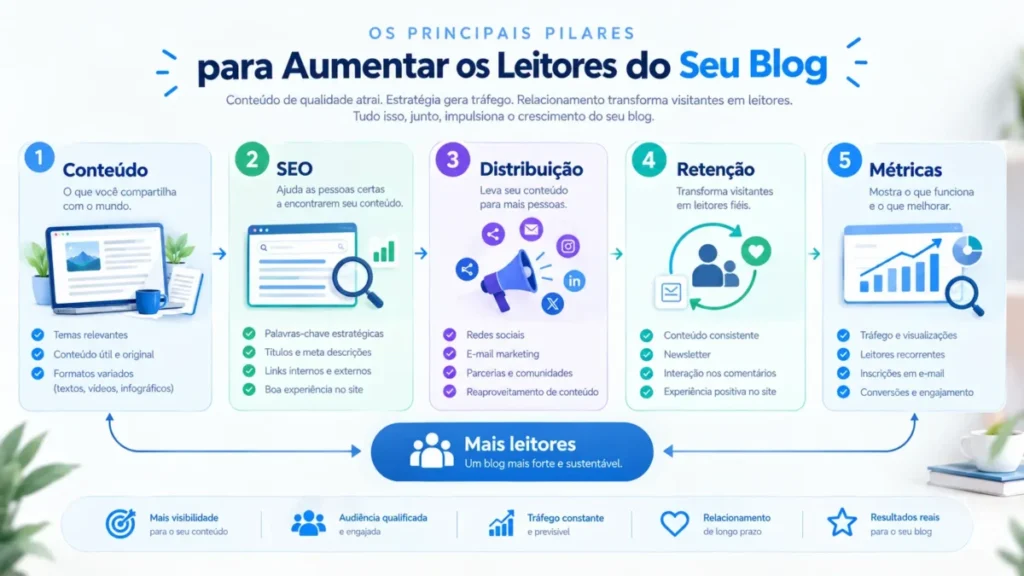 Infográfico resumindo conteúdo, SEO, distribuição, retenção e métricas para aumentar leitores