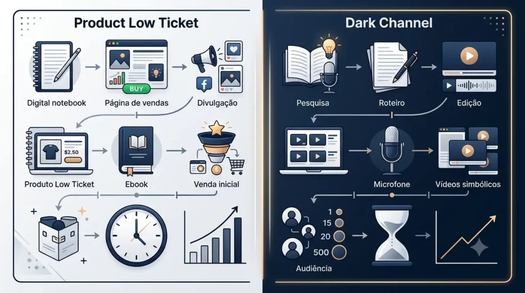 Comparação de investimento e tempo entre low ticket e canal dark